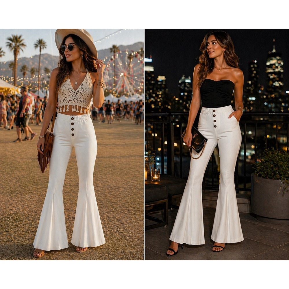 White Flare Pants High Waist Button Front Stretch Boho Festival Coastal Chic L